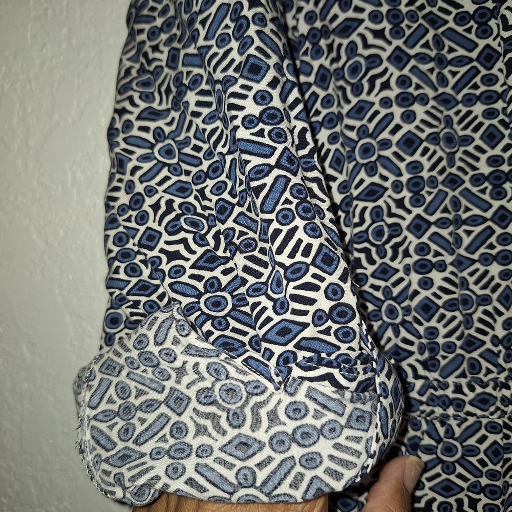 Loft blue geometric sundress Cinch waist long sleeve swing dress Medium - Picture 6 of 13